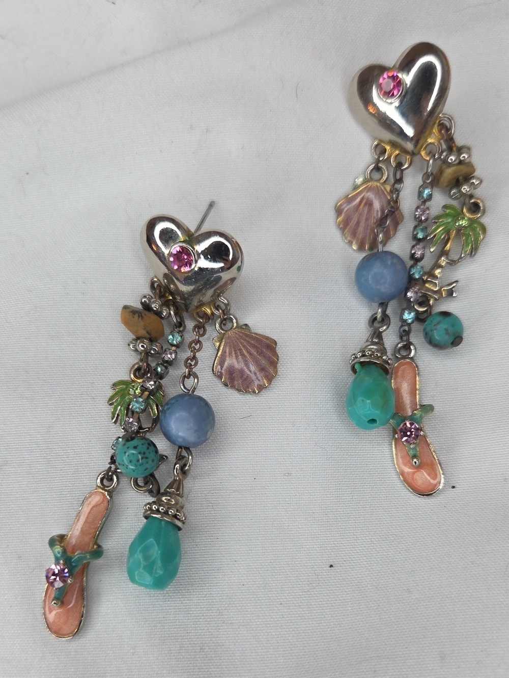 Vtg Y2k Beach Drop Earrings Flip Flops Hearts Palm trees Shells